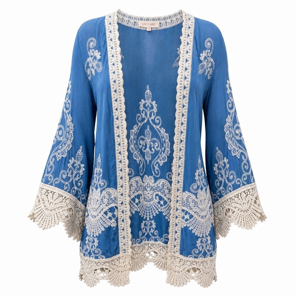 Boho Embroidered Crochet Lace Blue Kimono Cardigan Medium Ethereal Fairy